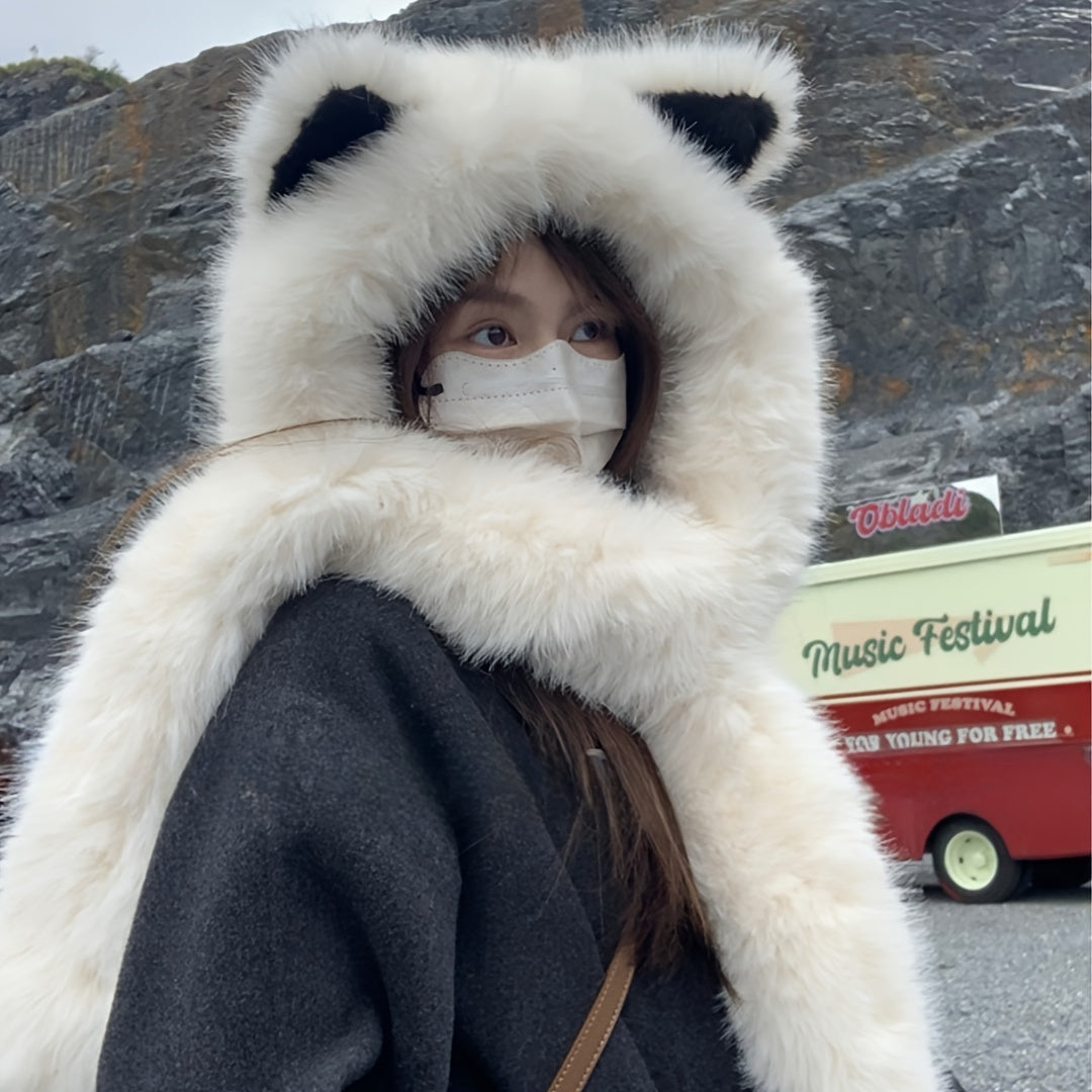 A Soft Polyester Faux Fur Cat Ear Hat with an Integrated Scarf