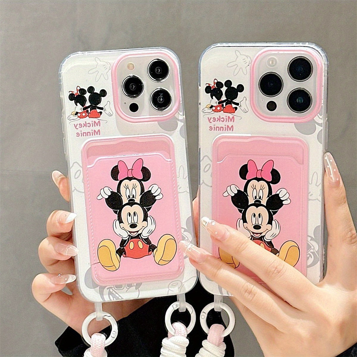 Disney Series Mobile Phone Case, Mickey Minnie Compatible with iPhone16 16promax 13 14 15 15pro 15promax 16pro XSMAX XR 7/8/mini13/mini12 Card Holder, Card Bag, with Lanyard This soft protective case provides full body protec
