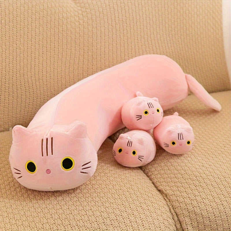 Soft 4pcs Cat Family Plush Toy Set - Cozy Polyester Pillows in Bright Pink, Gray, Black Colors - Stuffed Animal Dolls for Youngsters