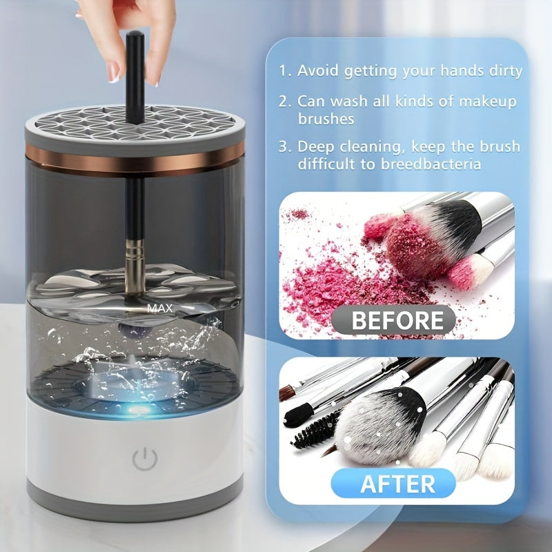 1pc USB-Powered Electric Makeup Brush Cleaner & Organizer - Automatic Washing and Drying System, Plug-In, for Efficient Brush Maintenance, Sleek White Design with Transparent Lid, Makeup Brush Holder