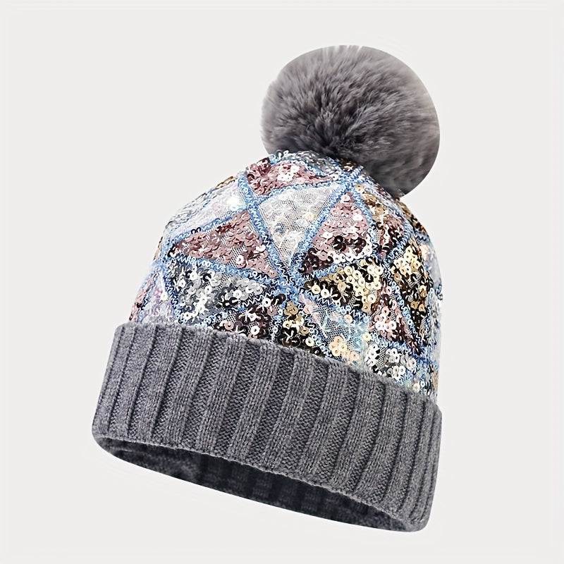 Sparkling Sequin Beanie Hat with Pom-Pom