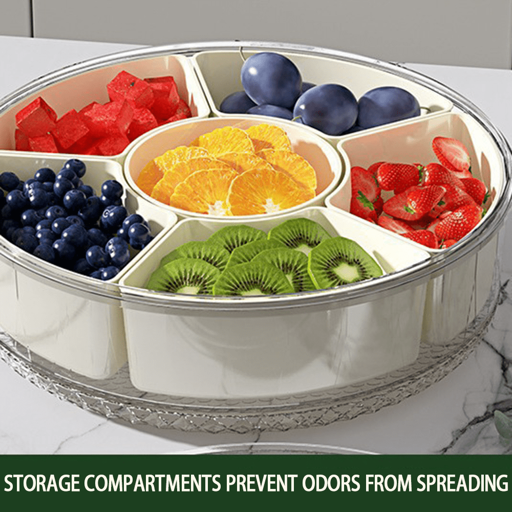 Rotating Snack Containers, High Capacity Divided Fruit Veggie Tray with 6 Compartments,