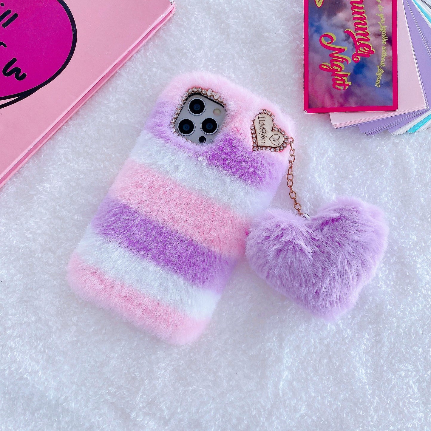 Plush Phone Case with a Purple Heart Pendant