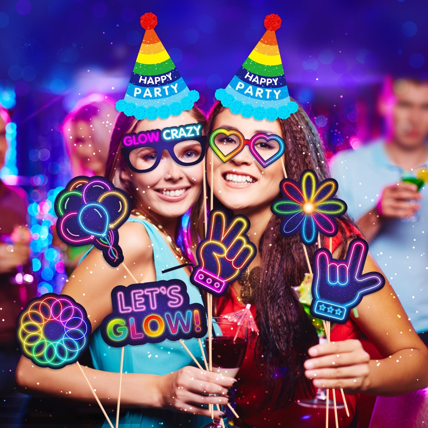 [25pcs Luminous Props] 25pcs Luminous Party Photo Booth Props | Vibrant Birthday Party Decorations, Carnival Party Decorations, Celebration Essentials, Paper Party Props