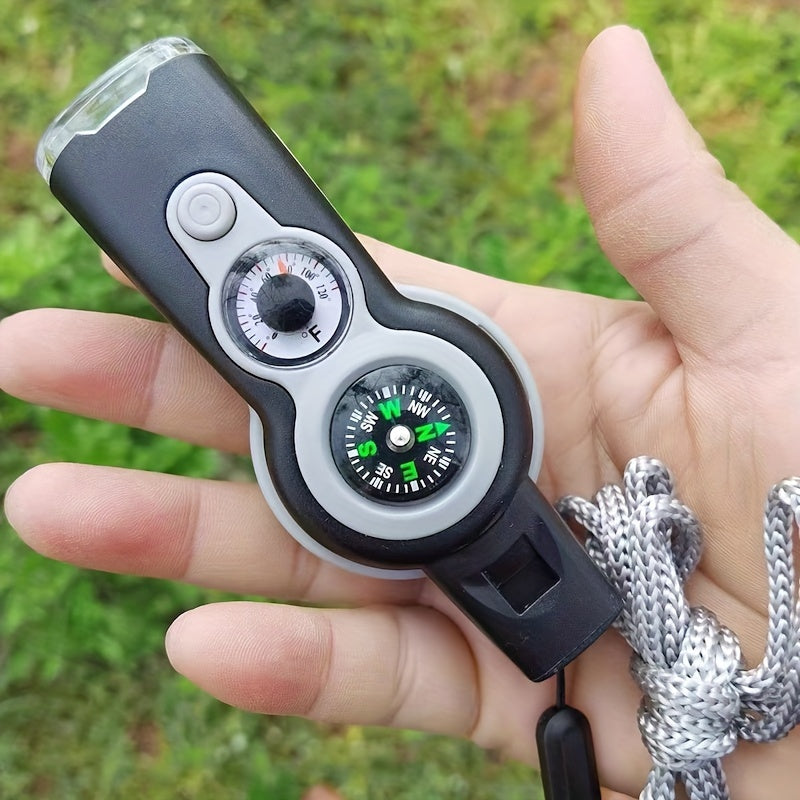 7-in-1 Survival Whistle with Compass, Magnifying Glass, Thermometer, and Emergency Functionality – Durable ABS Material, Black & Orange Design, Perfect for Outdoor Adventures