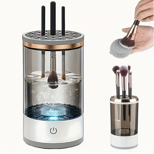 1pc USB-Powered Electric Makeup Brush Cleaner & Organizer - Automatic Washing and Drying System, Plug-In, for Efficient Brush Maintenance, Sleek White Design with Transparent Lid, Makeup Brush Holder