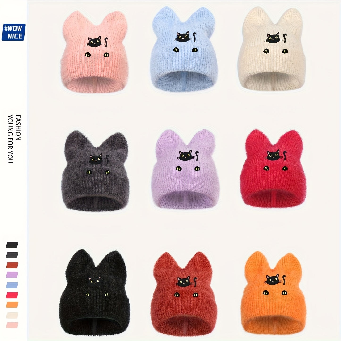 Women's & Men's Black Cat Ear Beanie Hat with Hand