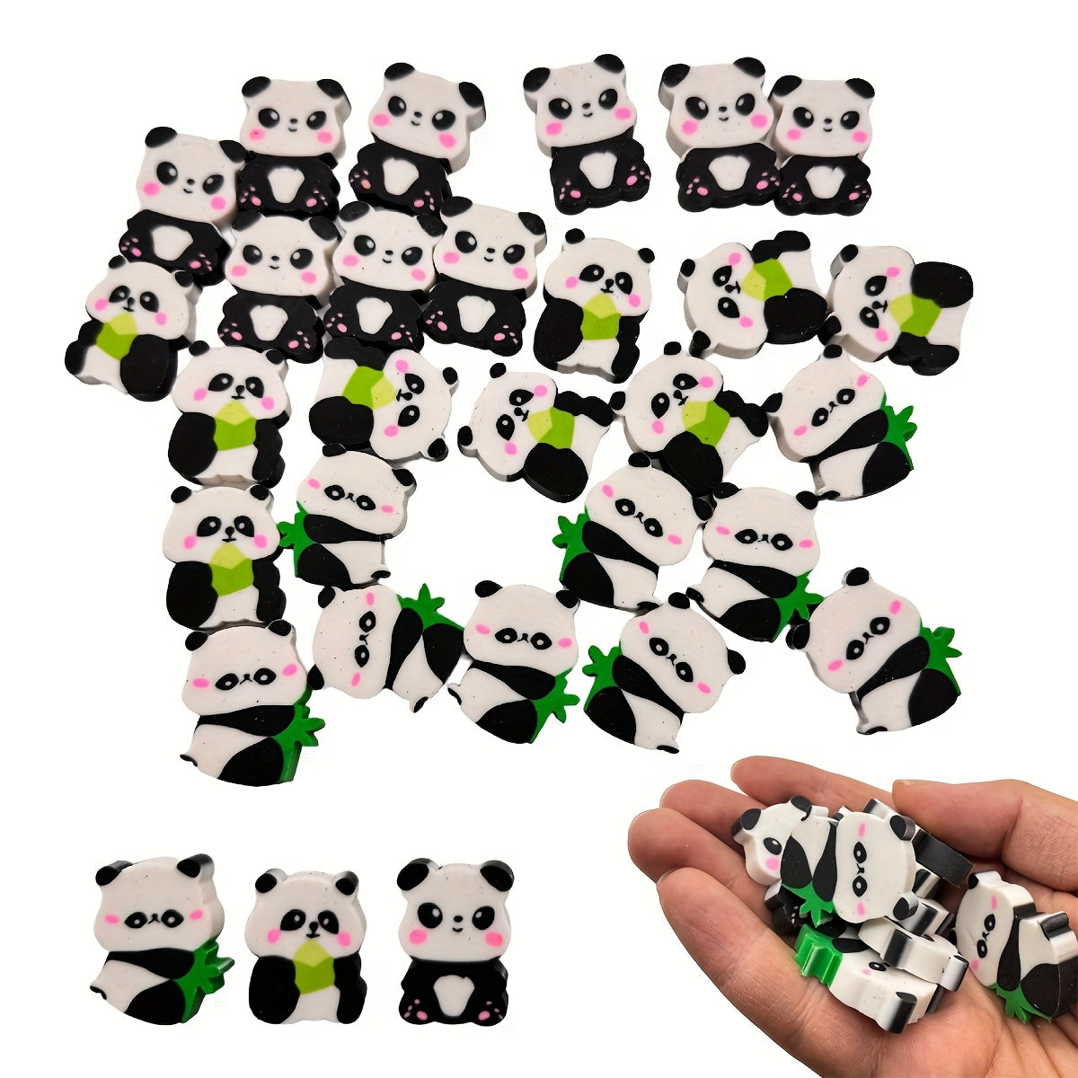30pcs Cute Panda Shaped Erasers - Soft Plush Rubber Pencil Erasers with Bamboo Leaves, Black & White Design for Classroom Rewards, Party Favors, and School Supplies, Panda Gifts