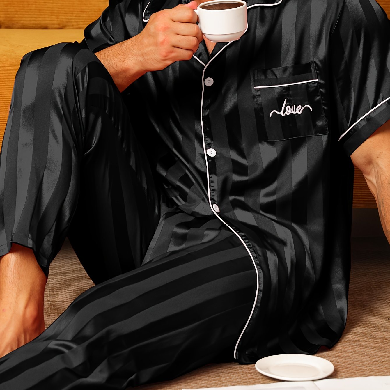 2pcs Men'S Pajama Set Short Sleeve Long Pants Thin Stripes with Embroidered Letters Summer Collar Cardigan Home wear Set