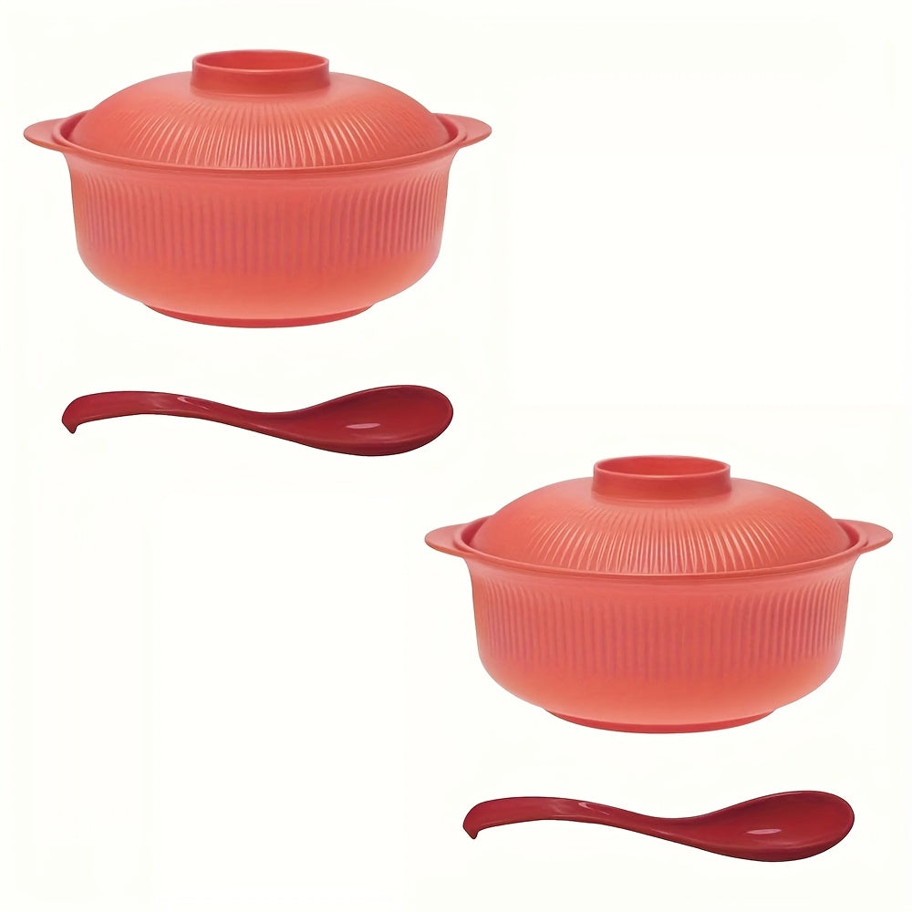 [Large Capacity] 4pcs Set of Large Capacity Casserole Bowls with Lids and Long Soup Spoons | 1100ml/38oz | Portable Large Soup Bowls, Japanese & Korean Ramen Bowls, Couple's Rice Bowls, Dinner Bowls, Romantic Bowls for Family