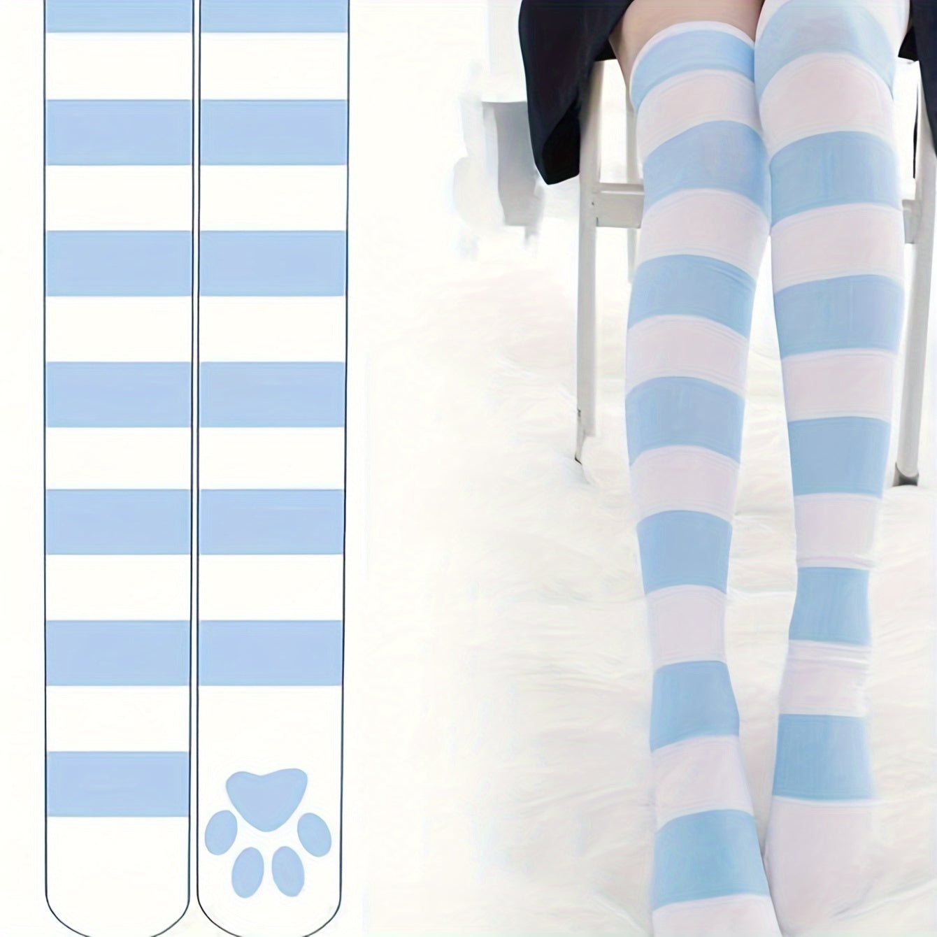 Anime-Inspired Striped Over-The-Knee Socks with Paw Print - Polyester Knit Fabric, Comfortable Thigh High Cosplay Stockings, Hand Washable - 1 Pair