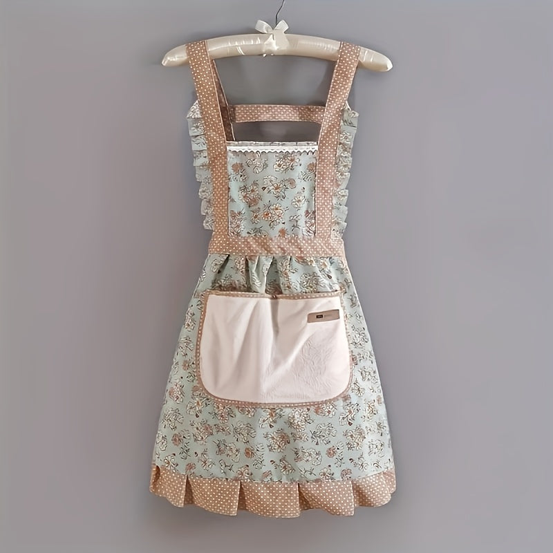 1pc Apron, Floral Print Princess Apron, for Lotus Leaf Lace Decoration, Garden Gardening Workwear Apron, Women's Apron, Kitchen Apron