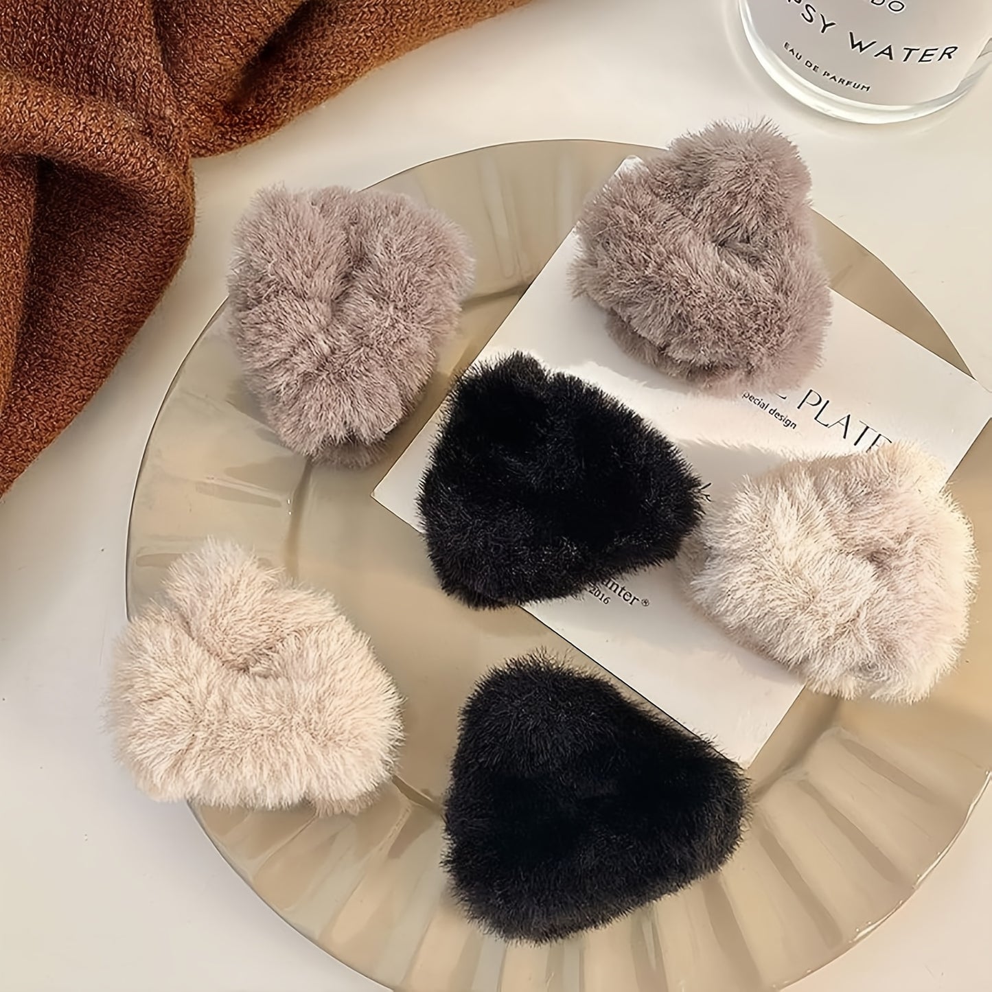 6pcs GUIJUI Honey Girl Plush Cat Ear Hair Clips, Cute Fuzzy Side Clip Bangs Grip Accessories, Solid Color, Resin, for Women, Suitable for Daily & Casual Wear, Over 15 Years Old
