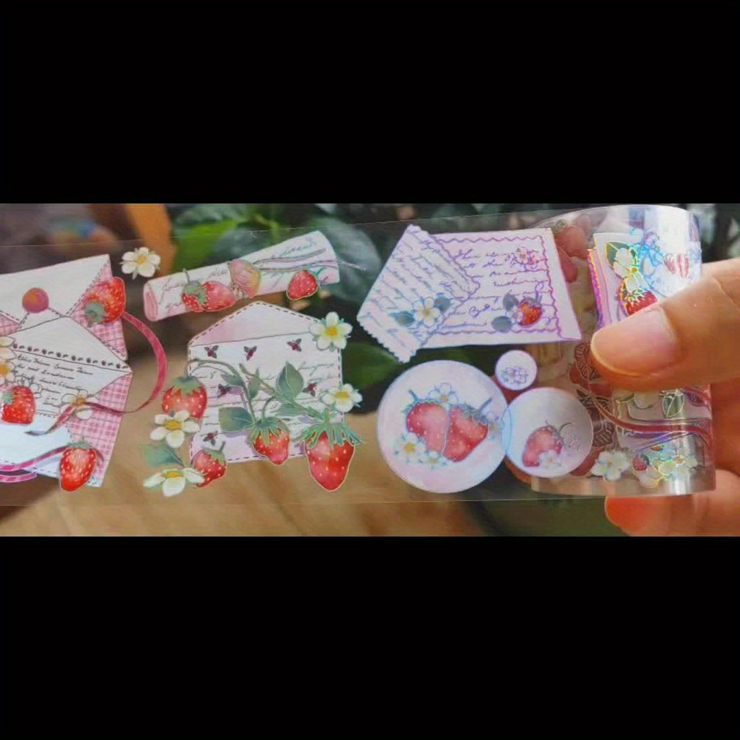 1 Roll Cute Strawberry Fantasy Stickers For Scrapbooking, Glossy PET Decal Tape With Anime Strawberry Romance Theme, Self-Adhesive For Journals And Notebooks, DIY & Decoration Accessories