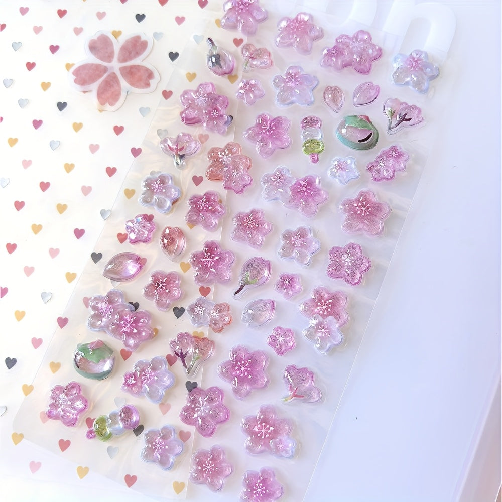 3D Pink Cherry Blossom Embossed Stickers - Waterproof Crystal Floral Decals for Phone Cases, Laptops, Journals, and DIY Crafts, Journal Embellishments | Artistic Stickers | Plastic Construction, Cherry Blossom Wall Stickers