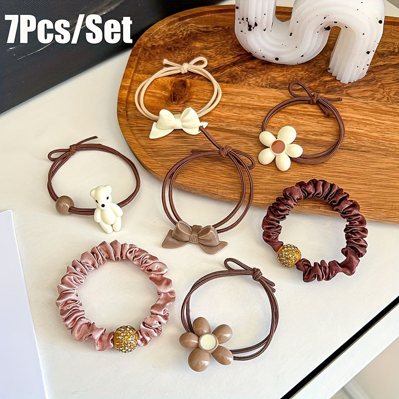 10pcs Cute Coffee Color Love Pendent Hair Rope | Elastic Rubber Hair Bands Hair Ties Bowknot Hair Accessories for Women