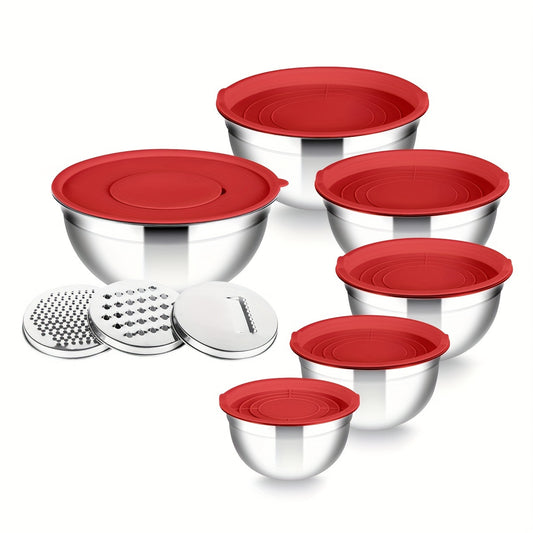 15-Piece Stainless Steel Deluxe Mixing Bowl Set - Durable, Rust-Resistant, Polished Round Bowls for Cooking, Baking, Food Storage - Includes 3 Graters, Airtight Lids, Perfect for Holiday Meal Prep, Space-Saving, Easy to Clean