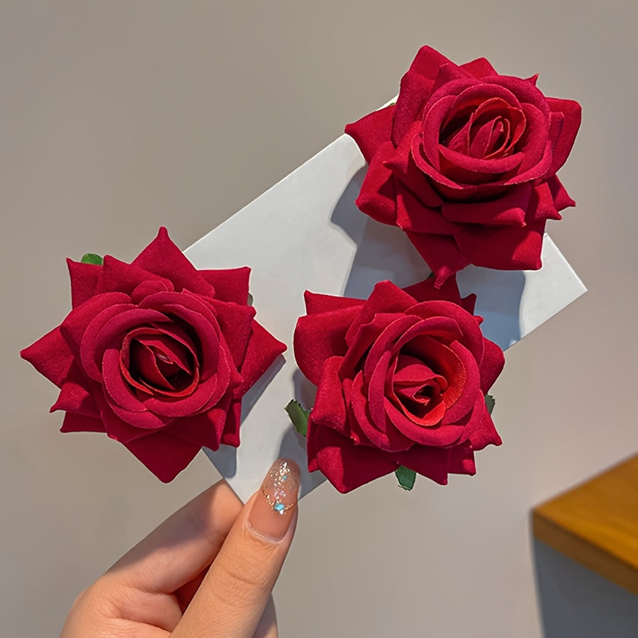 Vintage Casual 3pcs Red Rose Fabric Hair Clips - Side Bangs Duckbill Clip Accessories for Women