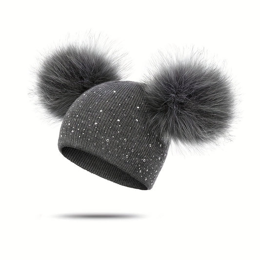 Girls' Winter Knit Hat with Fluffy Pom-Pom