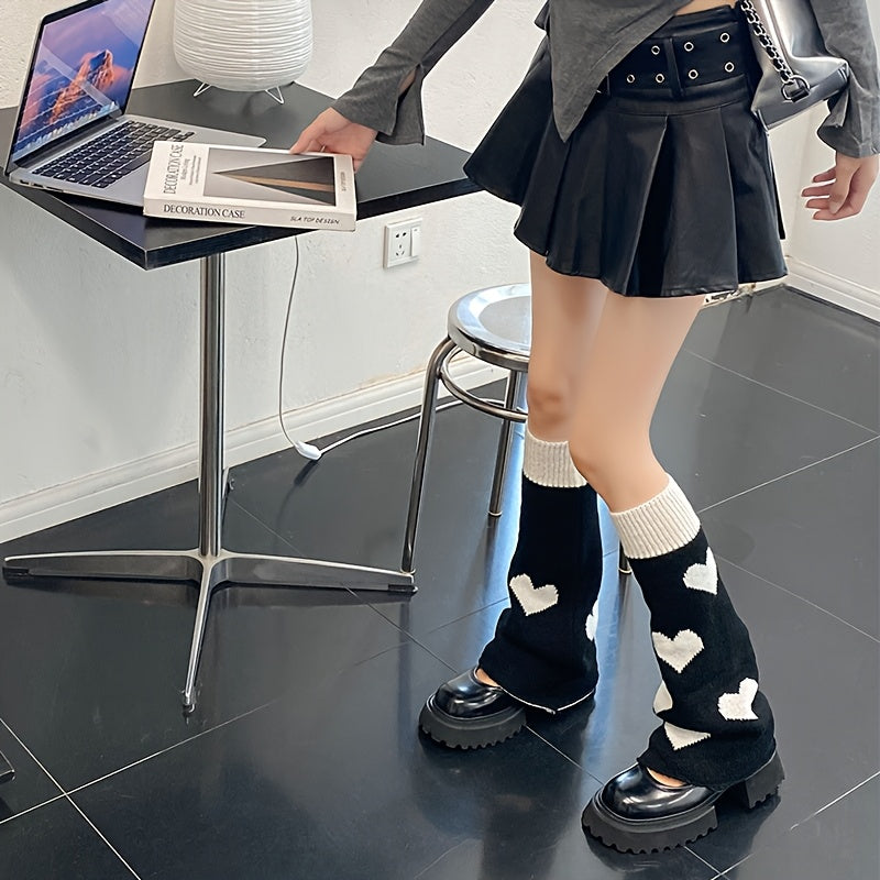 [Punk Knee Socks] Reversible Y2K Punk Gothic Knee High Socks | Lolita Style Heart Pattern, Warm Acrylic Knit Fabric, Women's Autumn Winter Knee Warmers, 90% Acrylic 10% Polyester