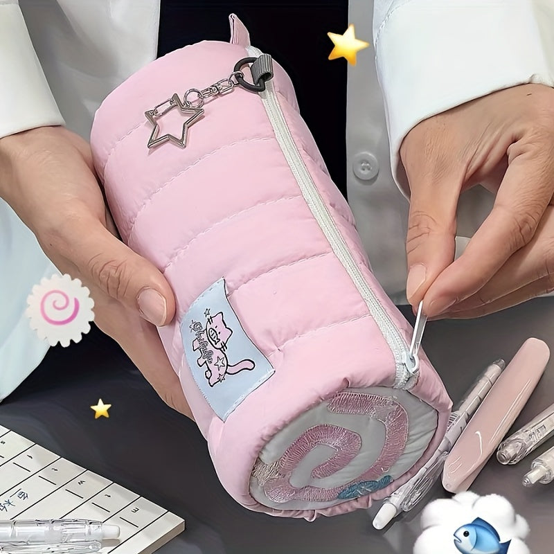 Pink Cat Pencil Case - Fluffy, Cute, High-Quality Fish Board Design, Large Capacity for Pens