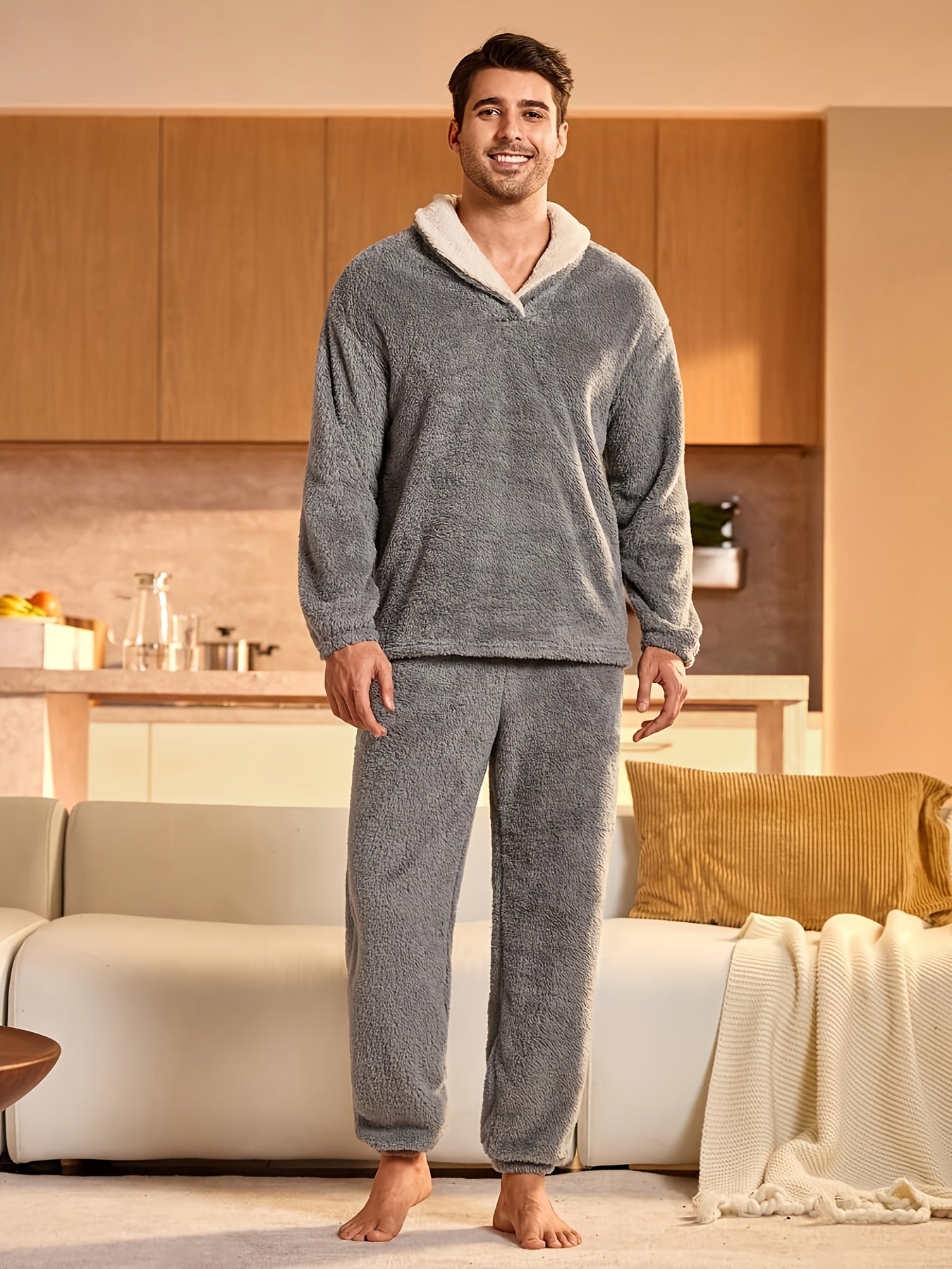 Men's 2pcs Winter Pajama Set - Heavy-Duty Coral Full-Zip Lounge Wear, Soft Thermal Long Sleeve Pajamas with Pants & Top.