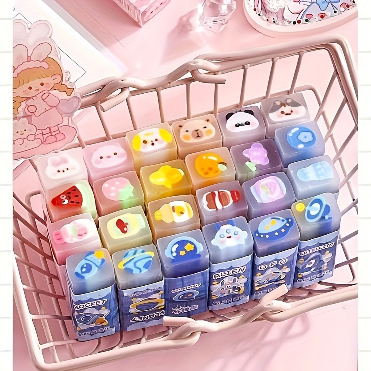30pcs Cute Cartoon Animals & Fruits Erasers, Rectangular Shape with Charming Designs, Transparent Synthetic Rubber, Perfect for Students' School Supplies or Small Gifts