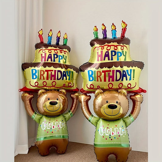 1pc 48 Inch Aluminum Foil Bear Holding Cake Shaped Balloon, Birthday Party Decoration for Christmas, Halloween, Thanksgiving Day, Valentine's Day Gift