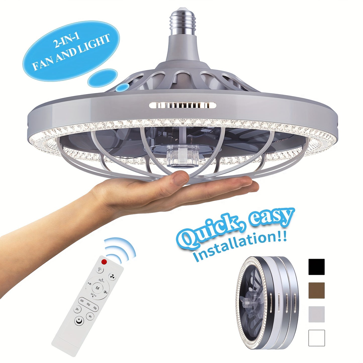 1pc 13" Modern Ceiling Fan With Lights And Remote Control, E26/E27 Base Easy Install Socket Fan Light, 3 Speed Wind Adjustment, 3 Colors 3000-6500k Dimmable Led Light for Bedroom, Kitchen, Living Room, Storage Room, Garage, B