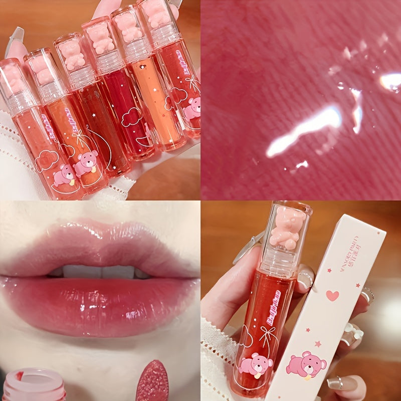6-Color Strawberry Bear Cherry Lip Gloss - Vibrant Berry Shades, Creamy Texture, Mirror-Like Shine, Waterproof, Stain-Resistant, and Durable - Perfect Gift for Women on Valentines Day