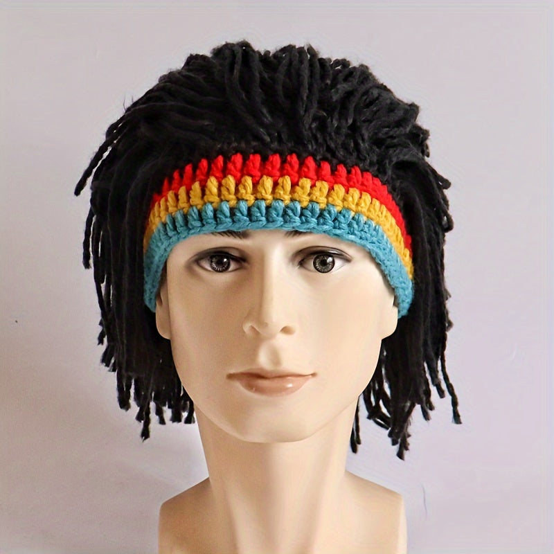Men's Funky Knitted Beanie Hat with Attached Fake Hair -