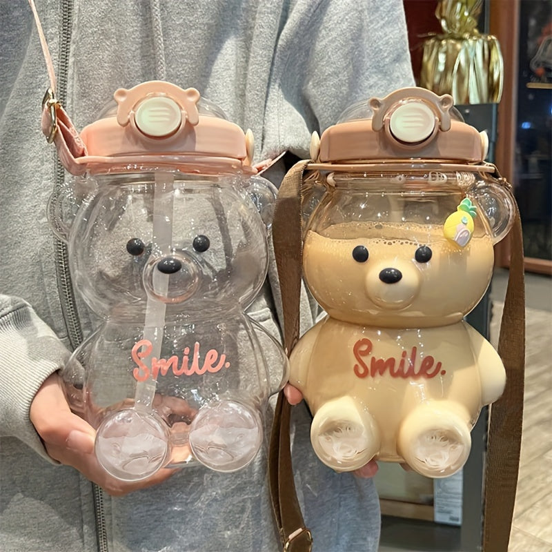 1pc Cute Bear Handheld Water Bottle, 34 oz/1000ml Large Capacity, PC Material, Flip Top, Straw Lid, Uncharged - Ideal for Milk, Tea, and More