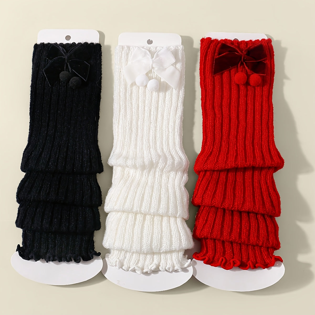 3 Pairs Girls' Polyester Knitted Leg Warmers with Bowknot