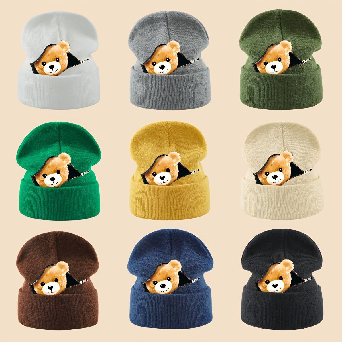 1pc Warm Skull with Zipper Bear Print, Unisex Loose-Fit Beanie for Men and Women - Cozy Fall/Winter Cold Weather Protection, Versatile Casual Hat for Commuting, Travel & Holiday Gifts, Fashionable Headwear, Perfect For Outdoo