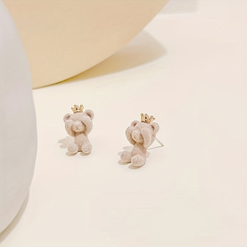 Cute Plush Bear Stud Earrings With Crown | Jewelry Gift