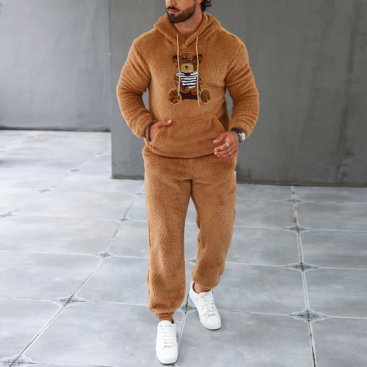2Pcs Men's Fuzzy Fleece Casual Hoodies Long Sleeve Hooded Sweatshirt And Sweatpants Joggers Set For Winter Fall