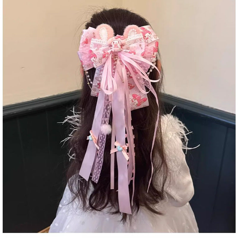 Sanrio Pink Bow Hair Clip with Long Ribbons, My Melody Princess Hair Accessory