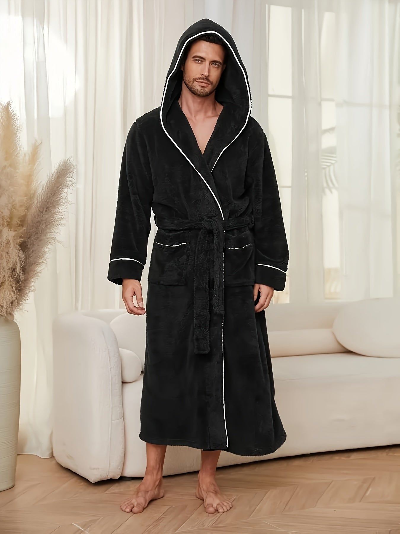 Luxurious Men's Black Fleece Bathrobe with Colour-Block Design. - Soft, Comfortable Long Sleeve Hooded Robe with Belt Detail, Machine Washable.
