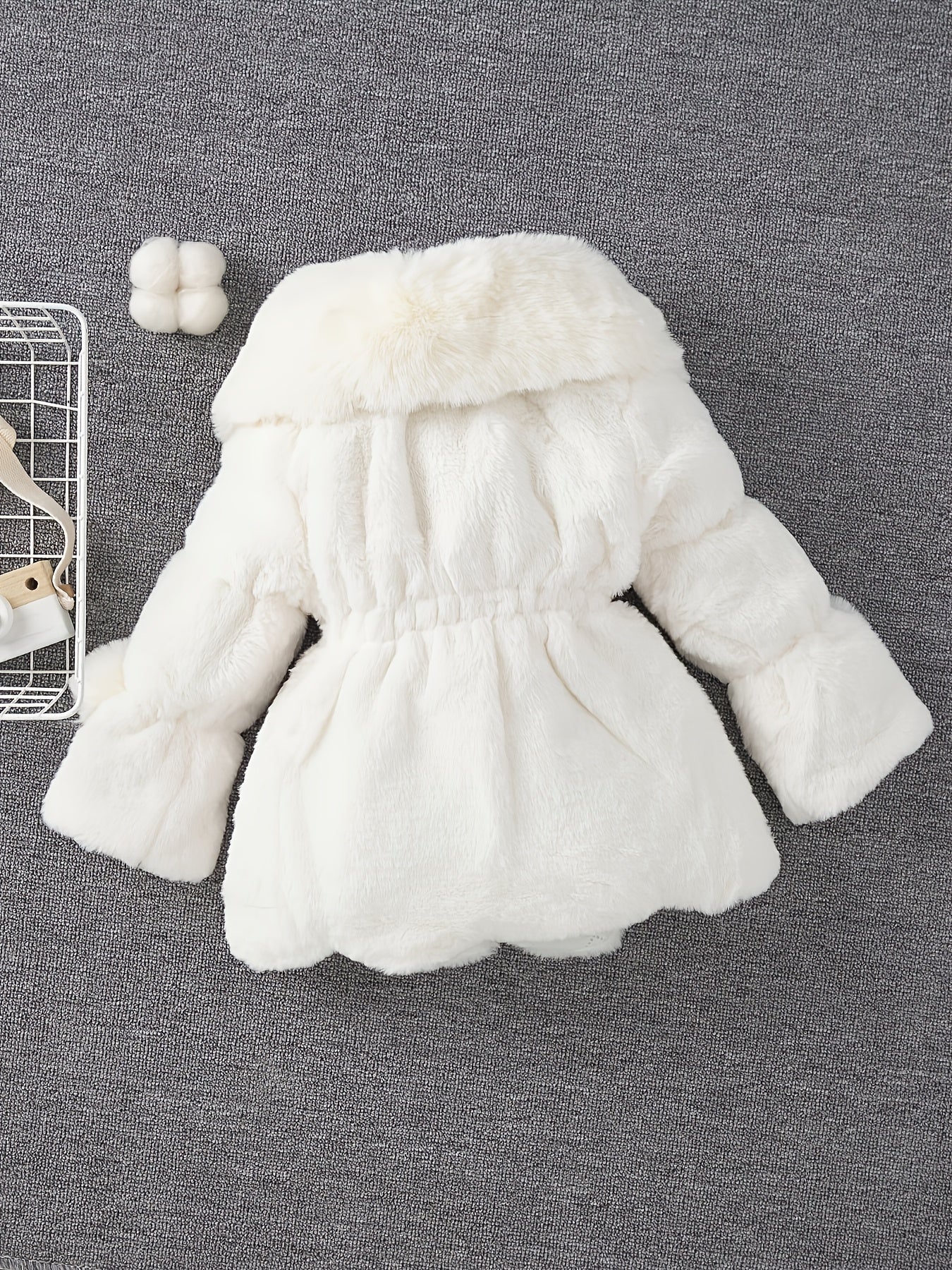 Girls' Winter Coat with Plush Fur-Lined Hood - Thick Fleece-Lined Zipper Front, Flared Hem & Pom-Pom Details, Cute Solid Color Outerwear for Fall/Winter, Cozy Warm Jacket for Cold Weather, Cozy Winter Wear, Playful Design, So