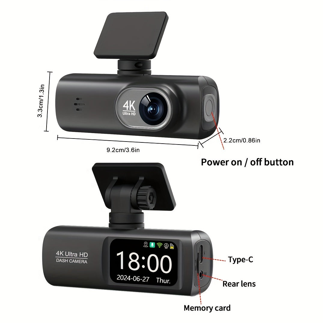 Mini 4K Dash Cam, Dual Lens, WiFi, 64GB