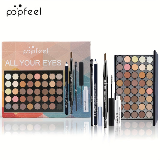 POPFEEL 40-Color Eyeshadow Palette Set, Matte & Shimmery Finish, Includes Mascara, Eyeliner, Eyebrow Pencil, Brushes, for Beginners .