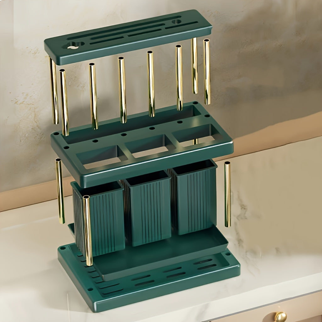 1pc Multi-Functional Kitchen Utensil Organizer - Space-Saving Plastic Storage Rack for Knives, Forks, Spoons, and Chopsticks with Green and White Compartments, Ideal for Countertop Organization, Cooking Utensils