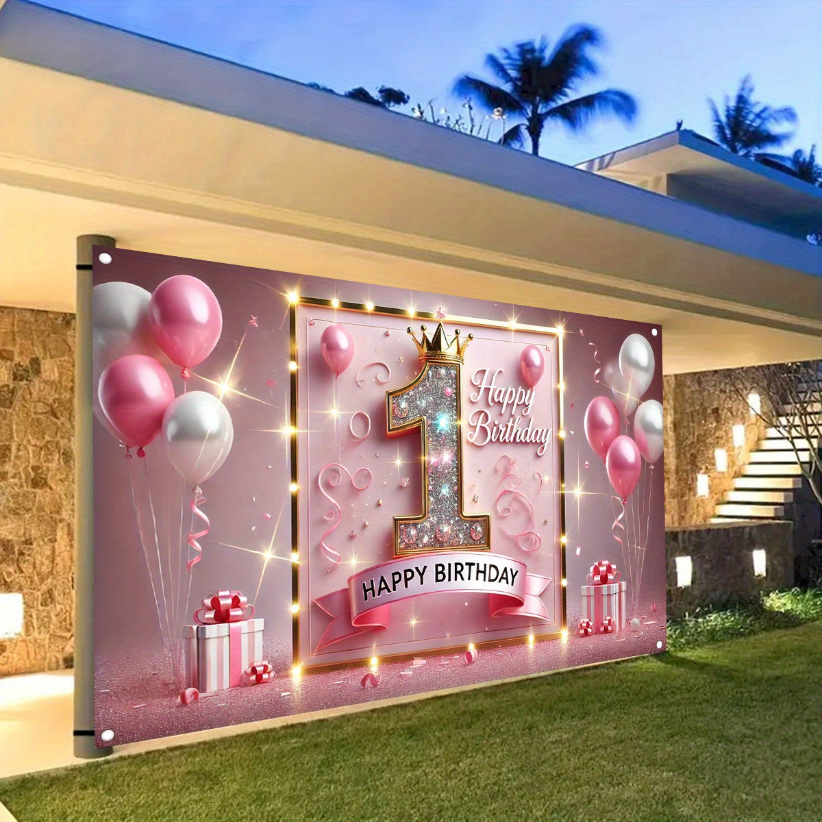 1pc Sparkling Pink Golden First Birthday Banner - Durable Polyester Happy Birthday Party Decor with Glittering Number 1, Crown & Balloons for Indoor/Outdoor Celebrations, Baptism, Cake Table, Holiday Decorations, Birthday Par