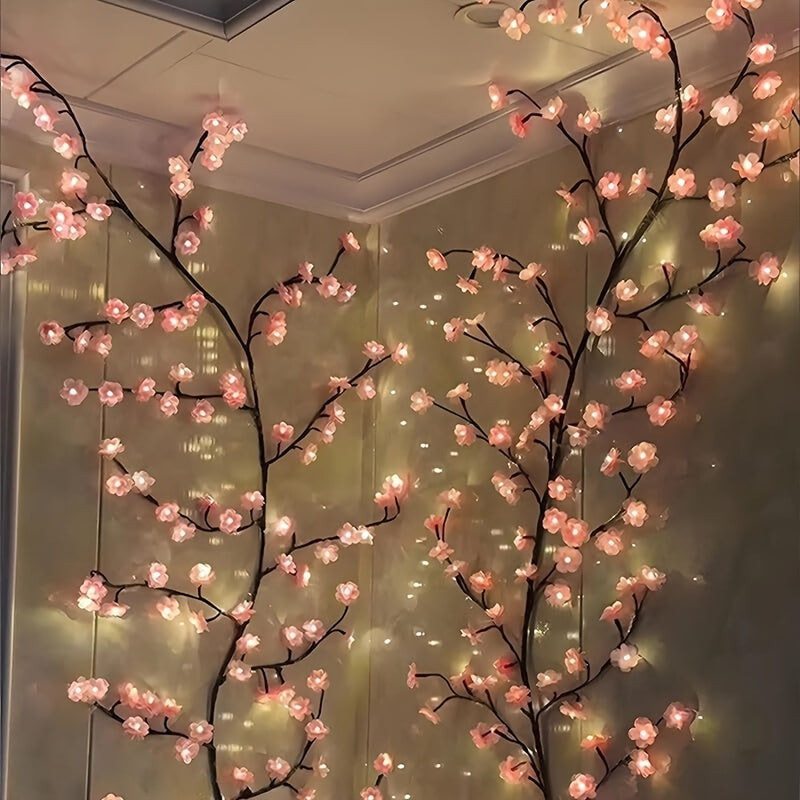 1pc Kinpho Cherry Blossom LED Branch Lights, 72/96/144 LEDs, Flexible and Bendable Sakura Vine String Lights, 8 Flashing Modes, USB Powered, DIY for Indoor Atmosphere Decoration, Ideal for Bedroom, Living Room, Wall, Party, H