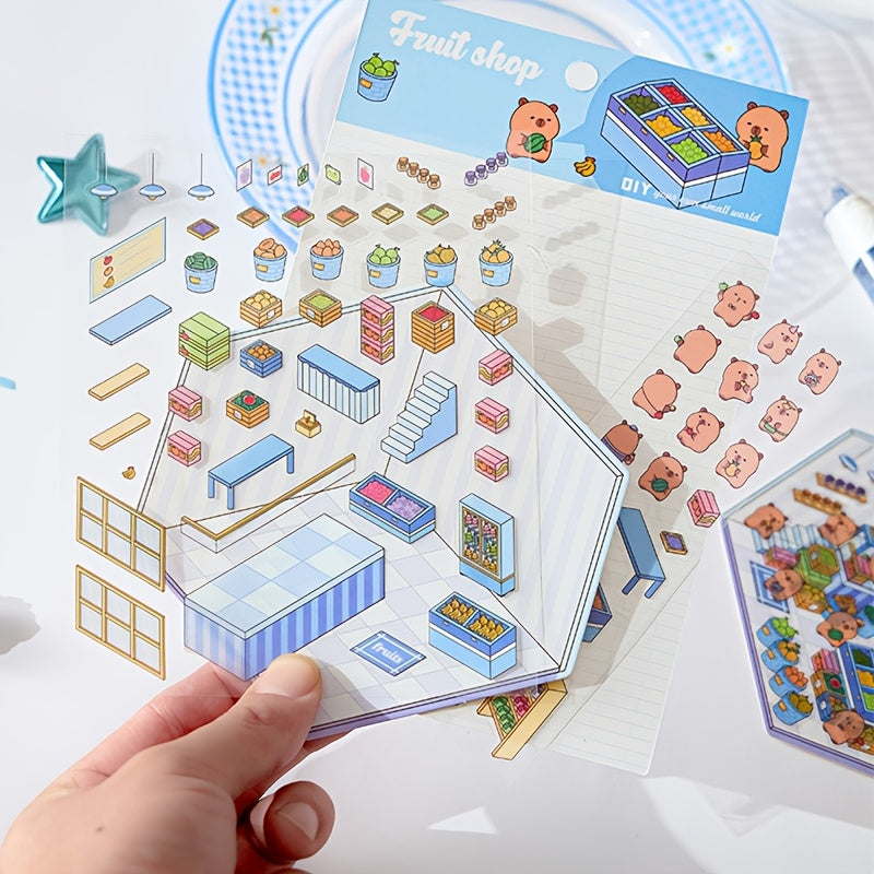 4pcs Set of Dolphin Diary Series Scenery Stickers, PET Three-Dimensional Scenery Stickers, Capybara Scene Stickers, Miniature Scene Stickers, DIY Superimposed 3D Cabin Stickers, 3D Three-Dimensional Stickers, DIY Decompressio