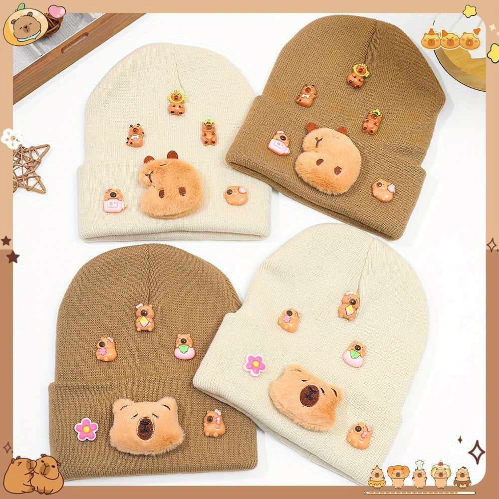 ' Cute Capybara & Floral Winter Hat - Soft & Brown Beanie with Capybara Face & Floral Accents, Cozy Unisex Beanie for Fall/Winter, Perfect for Travel & Gifts, Winter Hat, Gift For, Playful Design, Soft Fabric