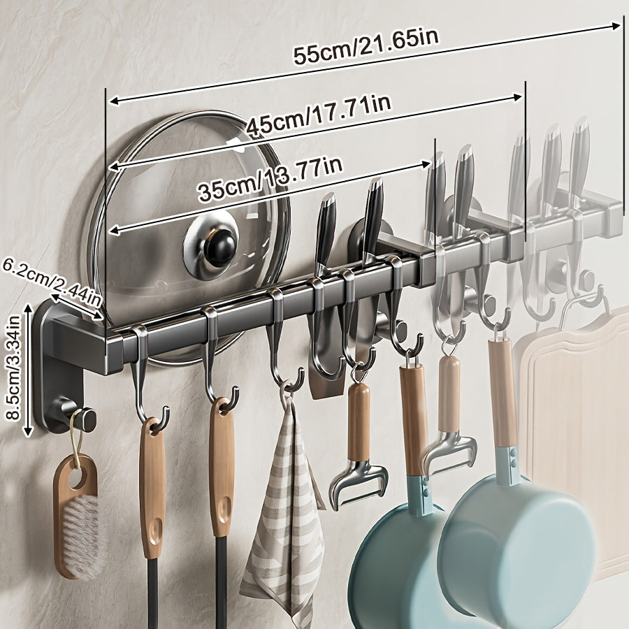 Plastic Kitchen Utensil Storage Rack with 6/8/10 Active Hooks - Wall-mounted Storage Rack for Tableware, Knives, and Pot Lids, with Drainage Hooks, Easy to Install, Suitable for Hanging Storage of Cooking Tools and Towel Rack
