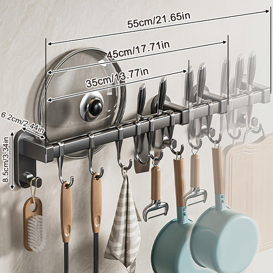 Plastic Kitchen Utensil Storage Rack with 6/8/10 Active Hooks - Wall-mounted Storage Rack for Tableware, Knives, and Pot Lids, with Drainage Hooks, Easy to Install, Suitable for Hanging Storage of Cooking Tools and Towel Rack