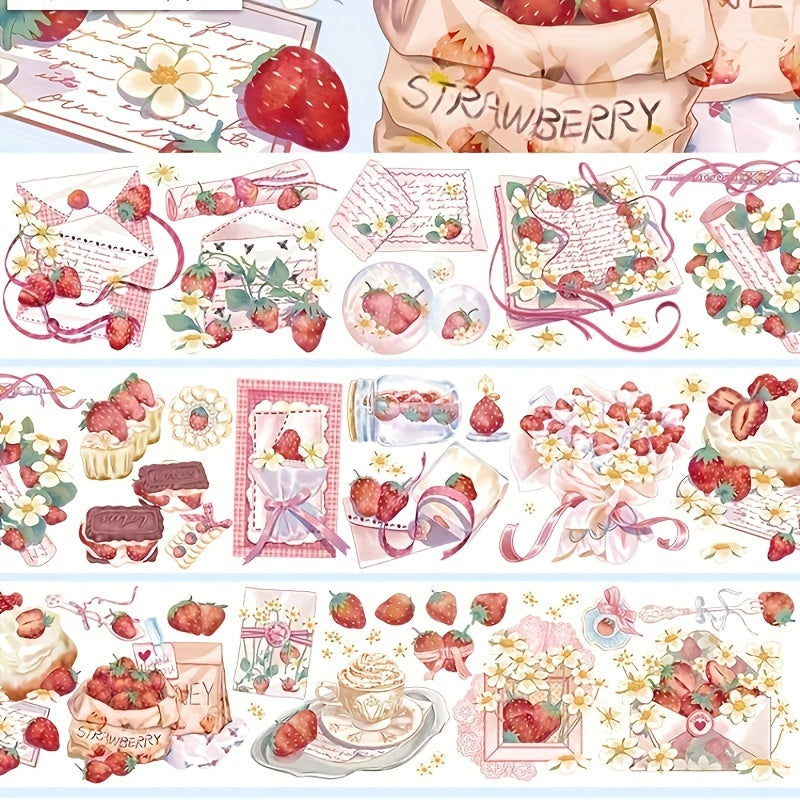 1 Roll Cute Strawberry Fantasy Stickers For Scrapbooking, Glossy PET Decal Tape With Anime Strawberry Romance Theme, Self-Adhesive For Journals And Notebooks, DIY & Decoration Accessories