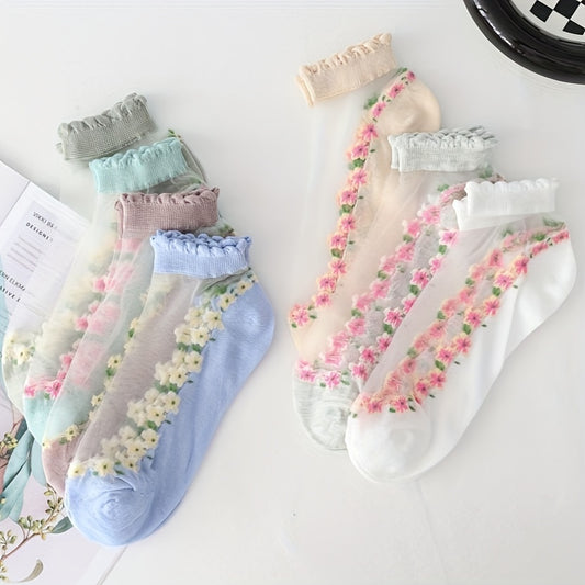7 Pairs Women’s Floral Lace Trim Breathable Sheer Ankle Socks - Lightweight Summer Short Socks with Delicate Flower Patterns, Soft Pastel Colors for Casual & Formal Wear, Lace Socks, Formal Sock Pairing, Nonslip Constructio